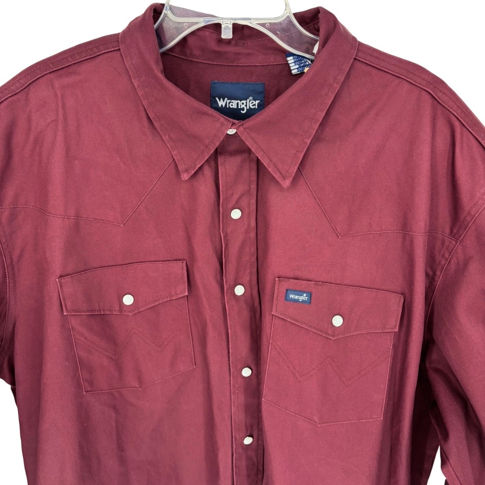 Vintage Wrangler Mens Western Snap Shirt Burgundy Cotton Long Sleeve Tall 2XT